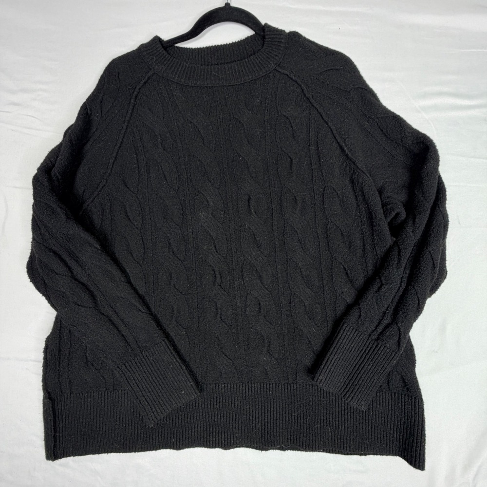 Black Cable Knit Crewneck Sweater Raglan Sleeve Ribbed Trim 1494